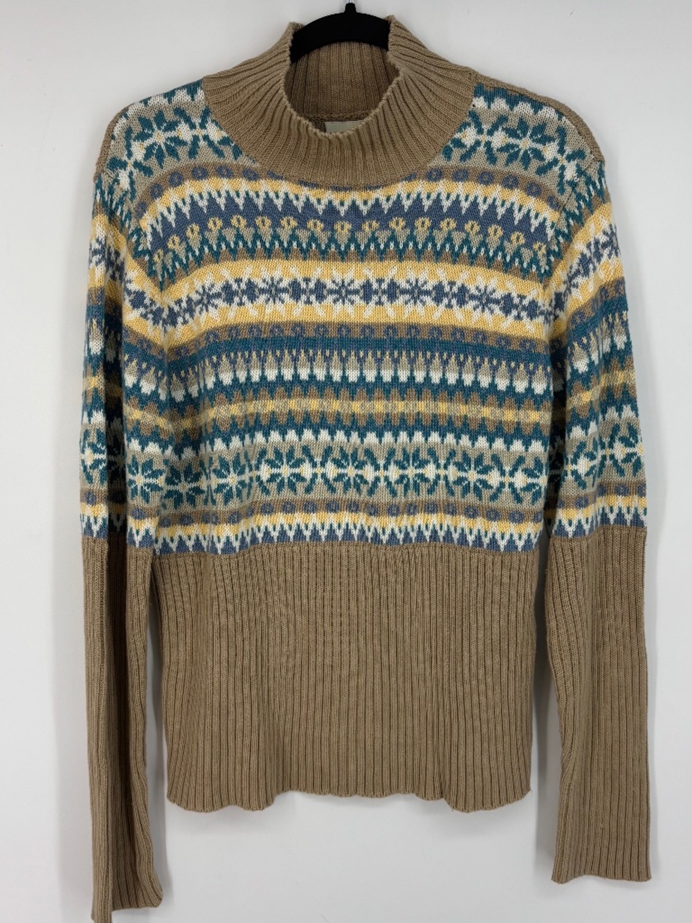 Faded Glory Womens XL Mock Neck Sweater Beige Blue Yellow Fair Isle Rib Knit Y2K